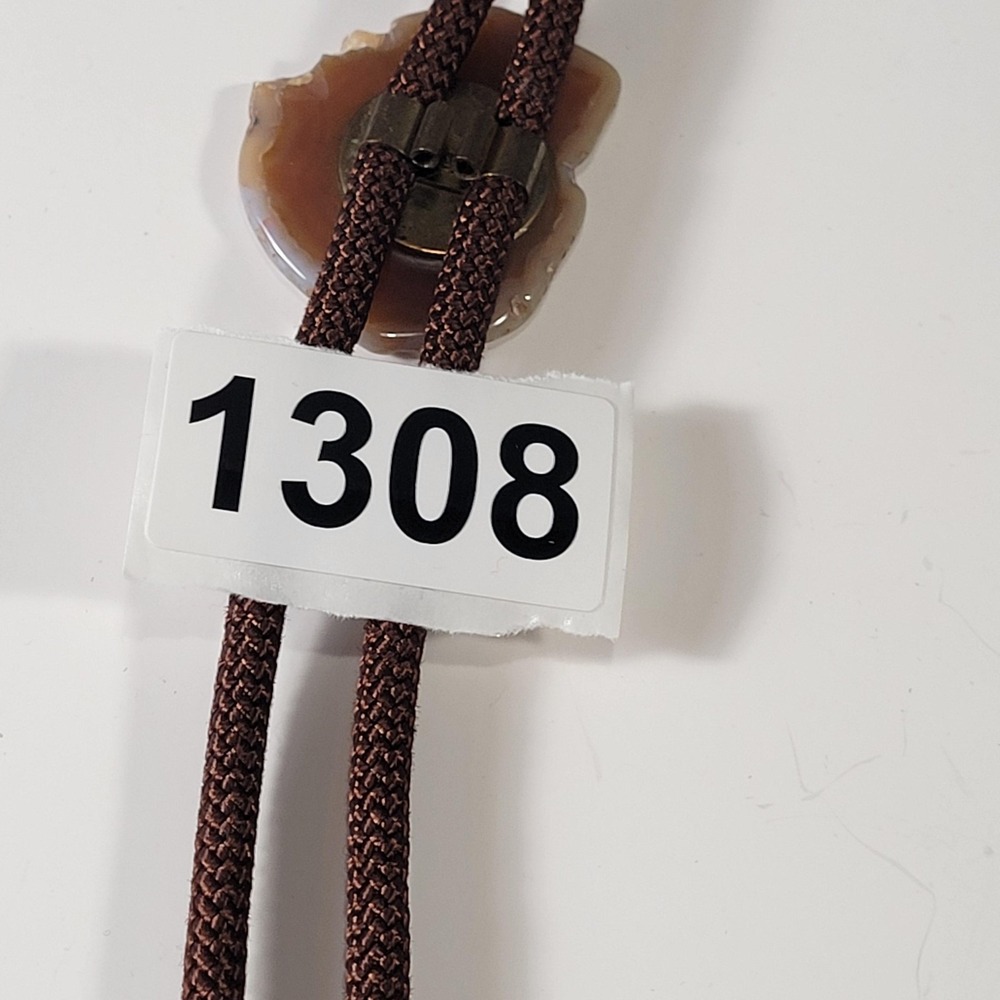 Brown Agate Slice Bolo Tie Mens Western Brass Tips Brown Cord Adjustable - Picture 8 of 8